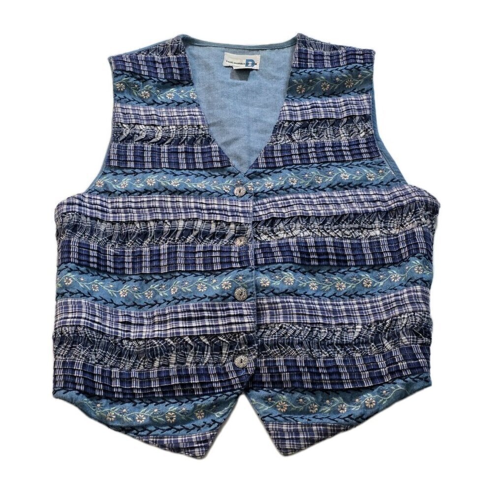 Paul Harris Design Vest Women S Blue Cotton Boho Button Embroidery Patchwork VTG